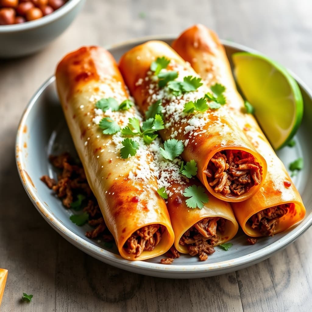 Chile-Cumin-ristet okseflak med flautas
