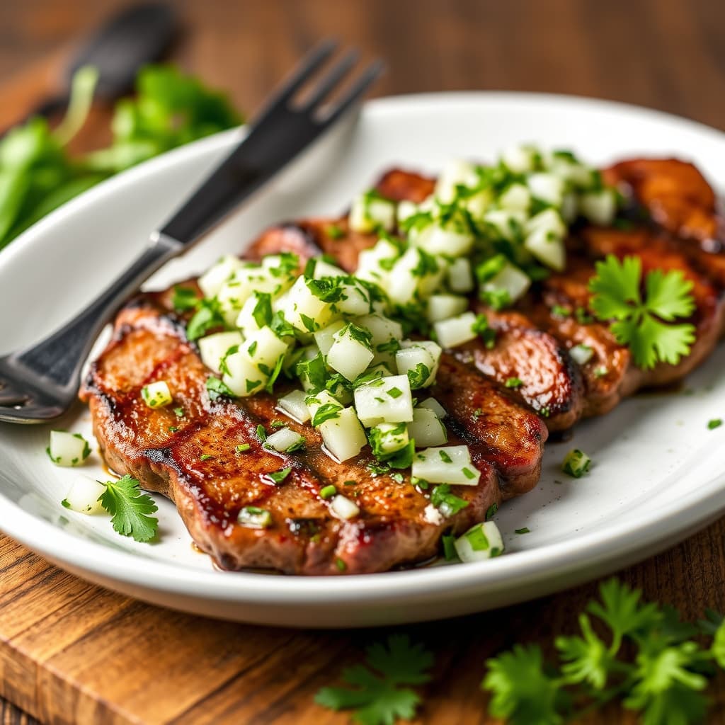 Chile-eddikmarinert ytrefilet av storfe med løk- og koriandersalsa