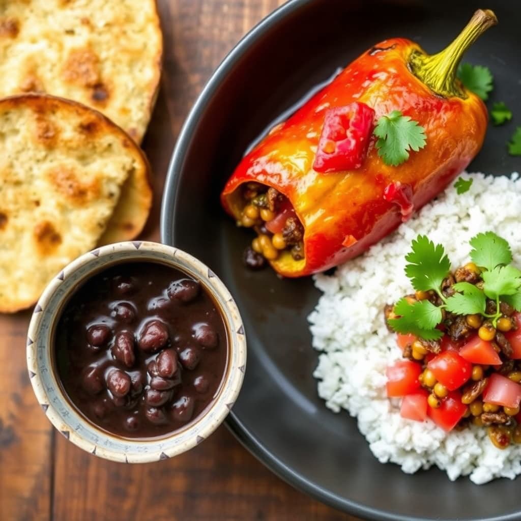 Chile Relleno med grønnsaks-picadillo og svartbønnesaus