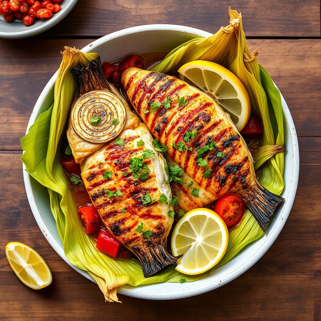 Chilebadet fisk grillet i maisblader