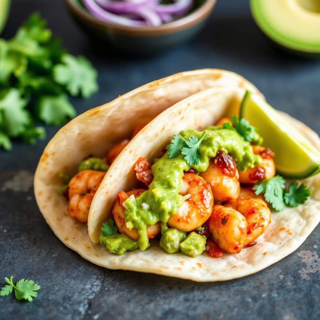 Chipotle-reker taco med avocadosalsa verde
