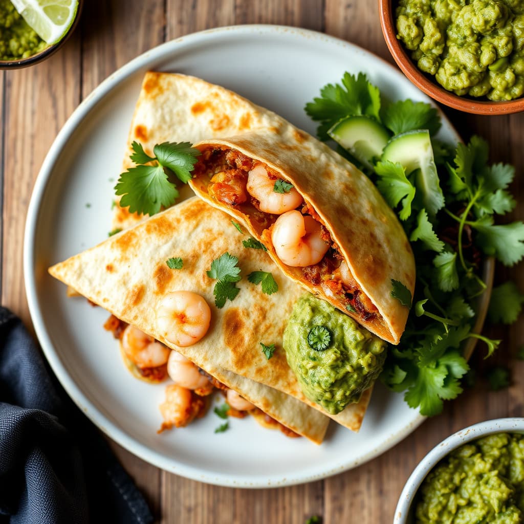 Chorizo- og rekerquesadillas med røykfylt guacamole