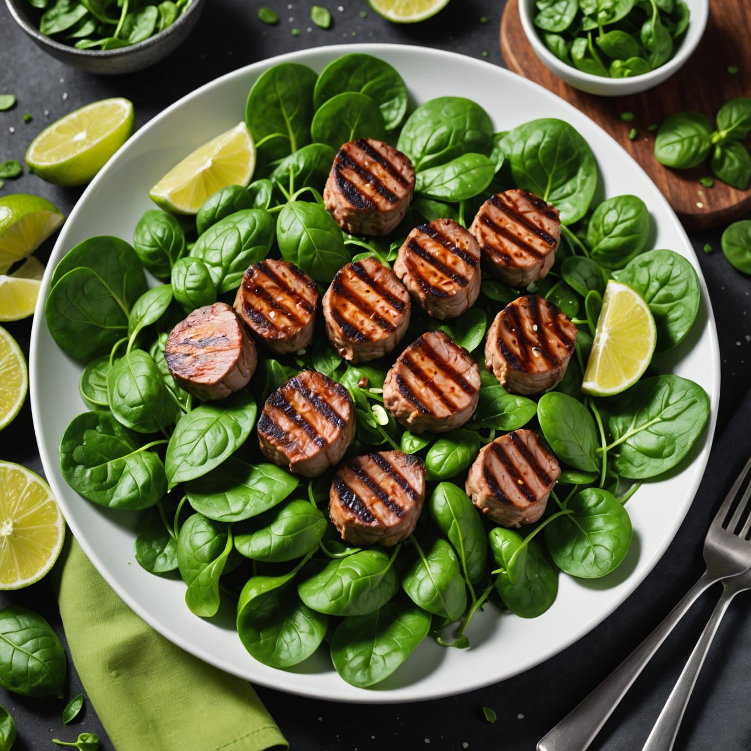 Churrasco på en seng av babyspinat, vendt i lime-dressing