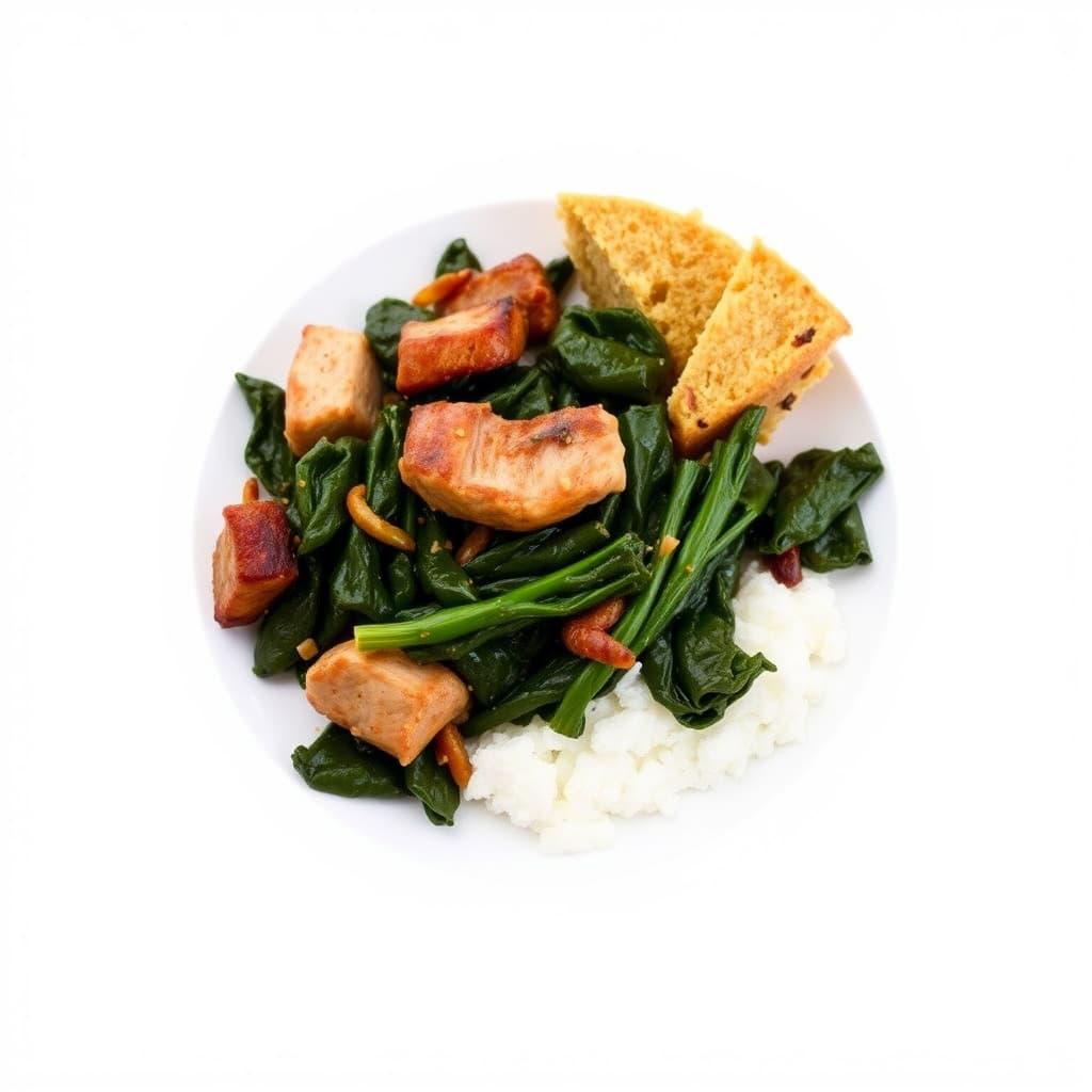 Collard greens med røkt kalkun og helkornsmel-kornbrød med kulturmelk