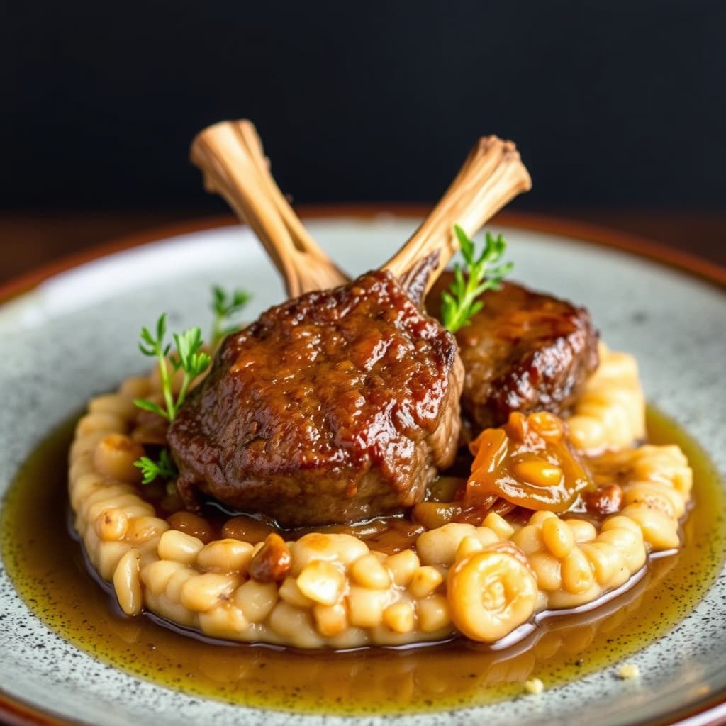 Colorado-lam og karamellisert løkmos med lammefenikkel-essens