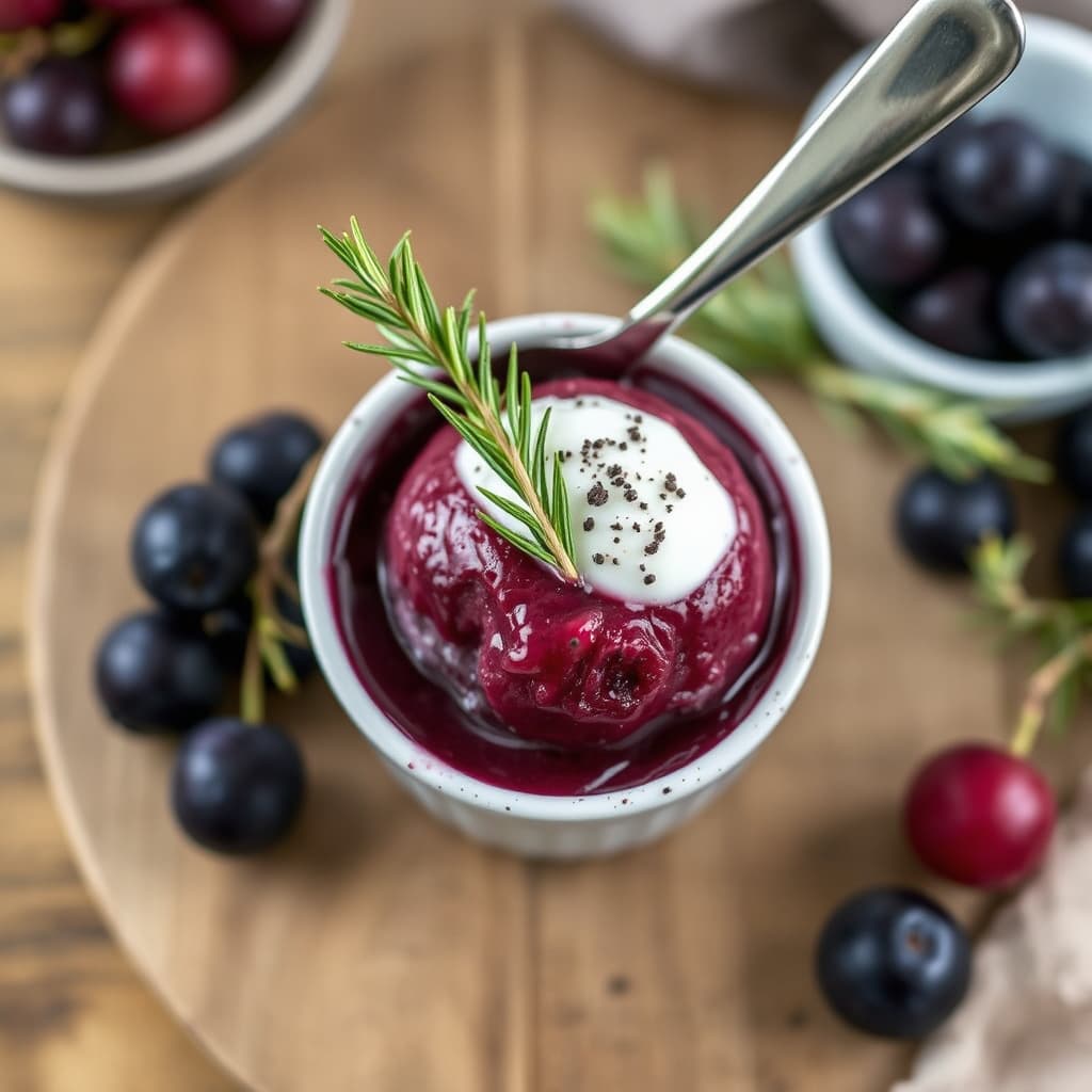 Concord-druesorbet med rosmarin og svart pepper