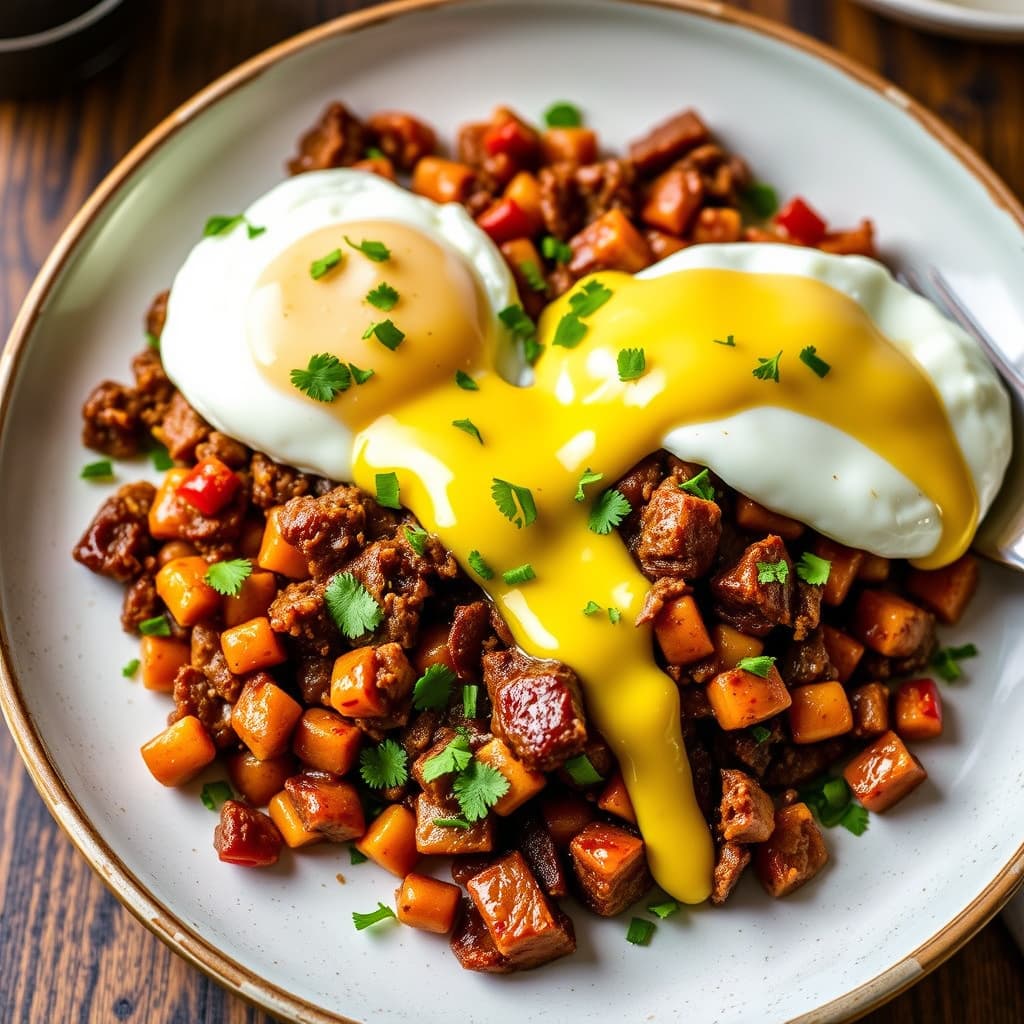 Corned Beef Hash og posjerte egg med enkel hollandaise