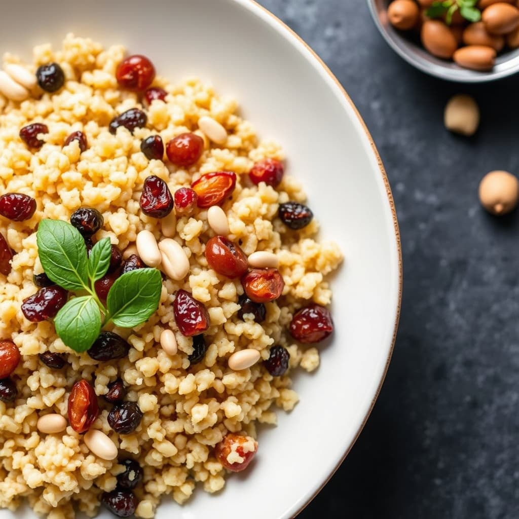 Couscous med currants, tørkede aprikoser og pinjekjerner