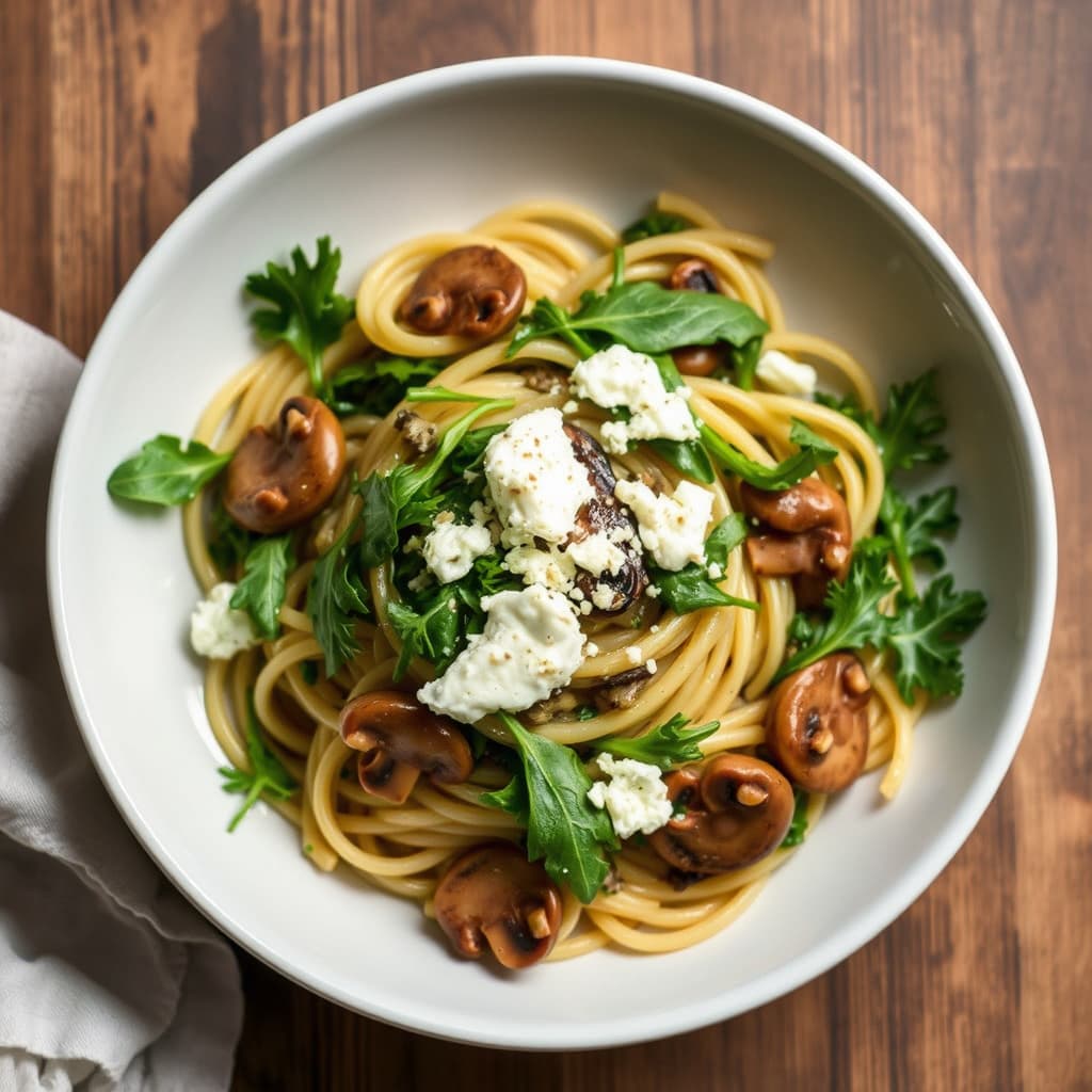 Cremini-sopp-pasta med wiltet ruccola og geitost