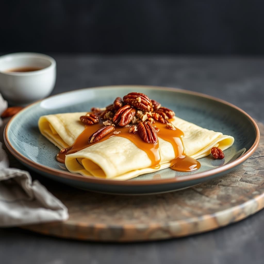 Crepes med karamellsaus og ristet pekannøtt