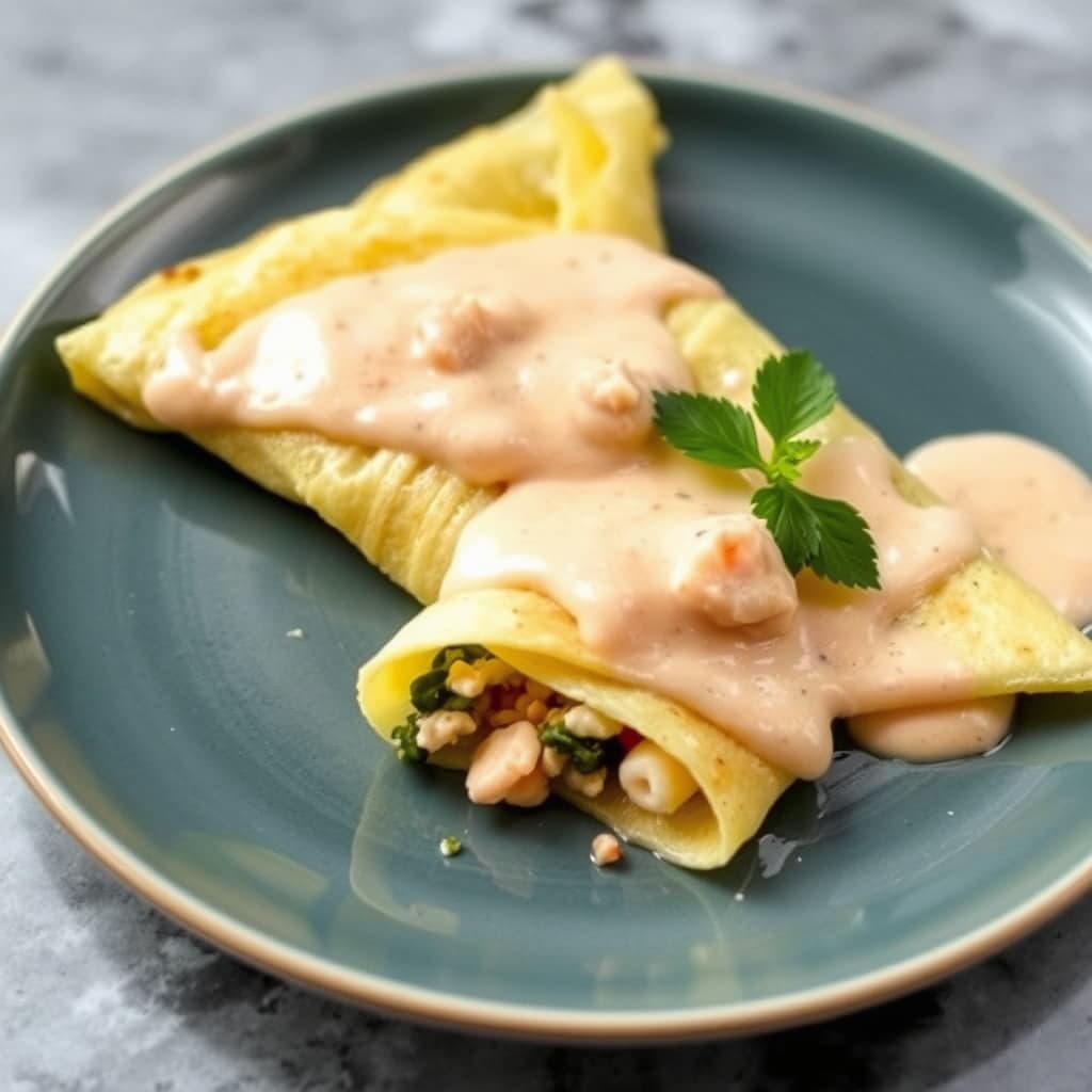 Crepes med sjømatfyll og hummersaus