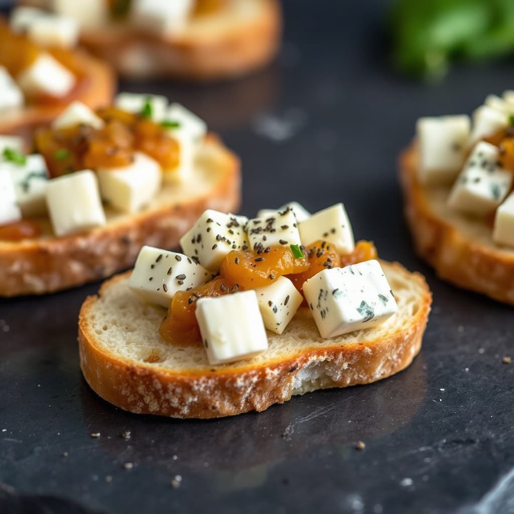 Crostini med blåmuggost, kvittenpasta og nykvernet svart pepper
