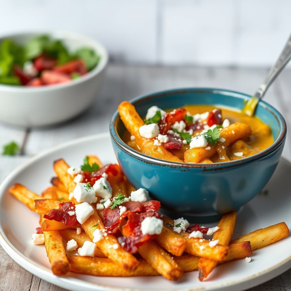 Curry-frites med bacon og feta