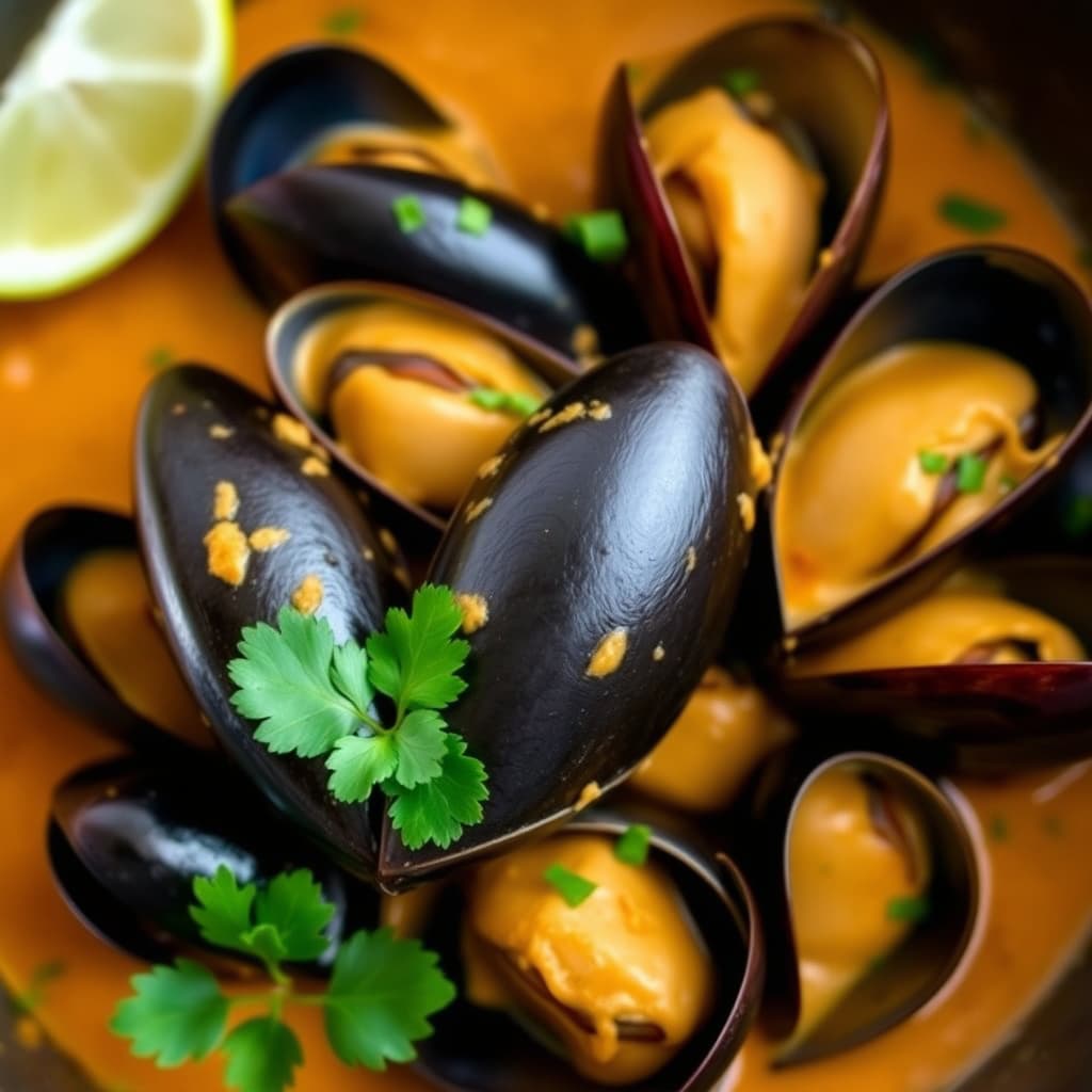 Dampede blåskjell i thailandsk currysaus