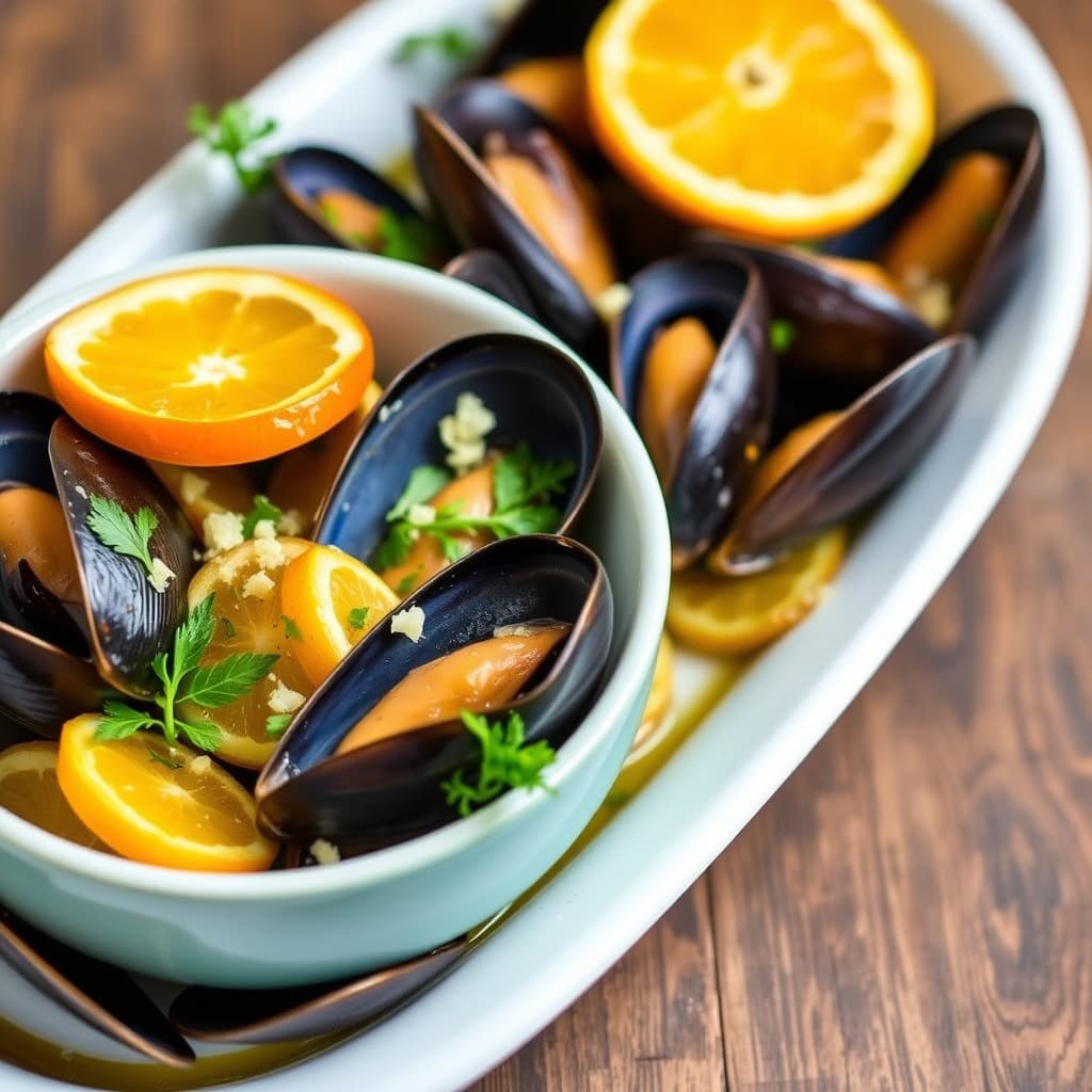 Dampede blåskjell med appelsin, fennikel og hvitløk