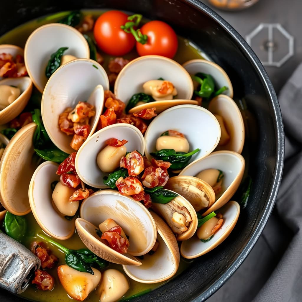 Dampede blåskjell med bacon, tomat og spinat