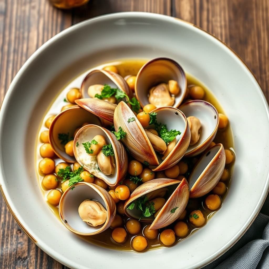 Dampede blåskjell med kikerter og grønn hvitløk