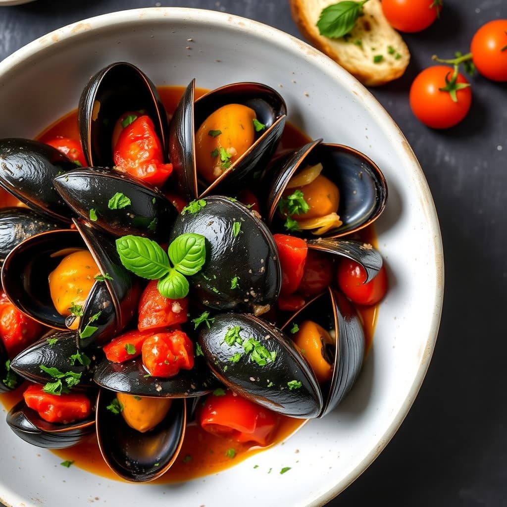 Dampede blåskjell med tomater og hvitløksristet brød