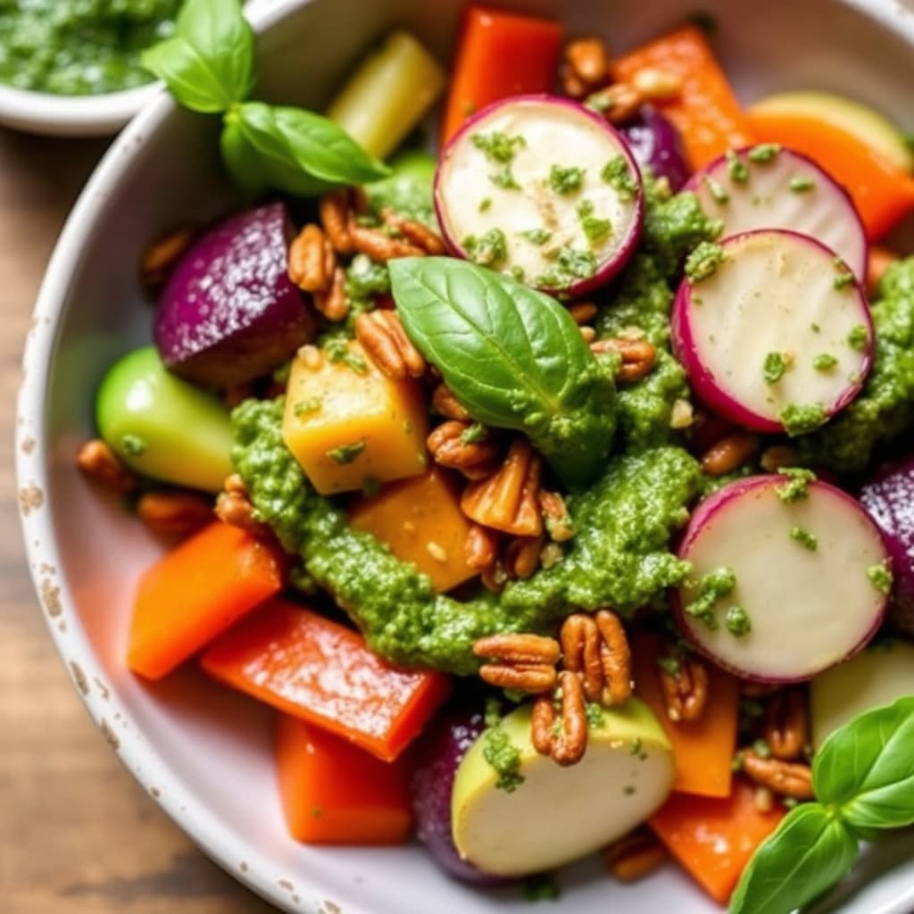 Dampede grønnsaker med basilikum- og pekannøttpesto