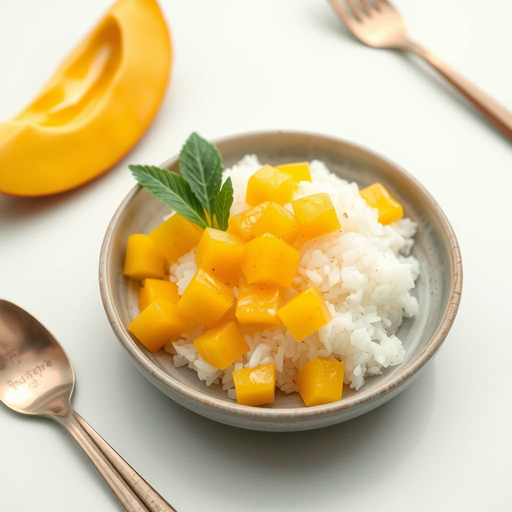 Dampet klebrig ris med kokos og mango