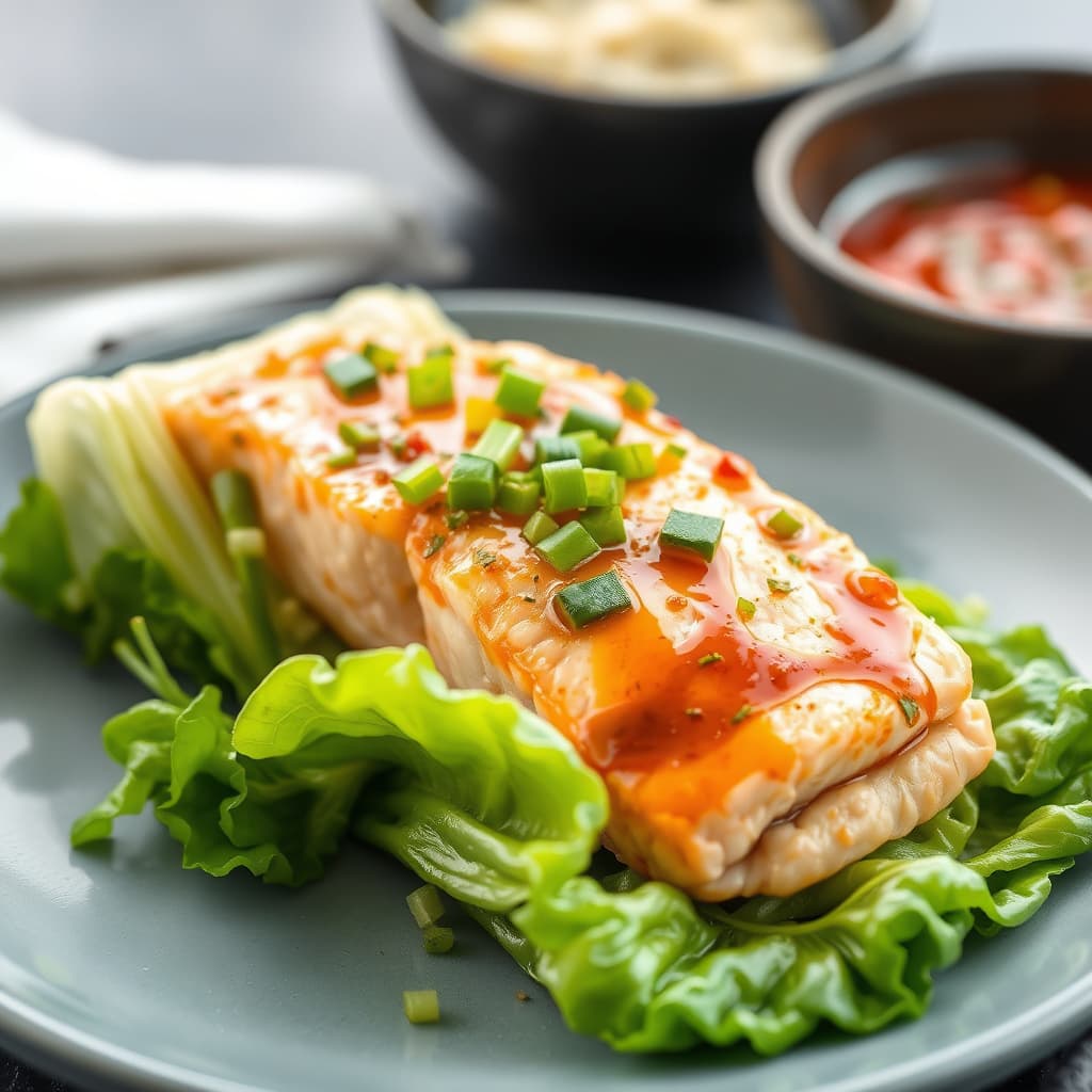 Dampet laks innpakket i napa-kål, servert med pepper-, ingefær- og vårløksaus