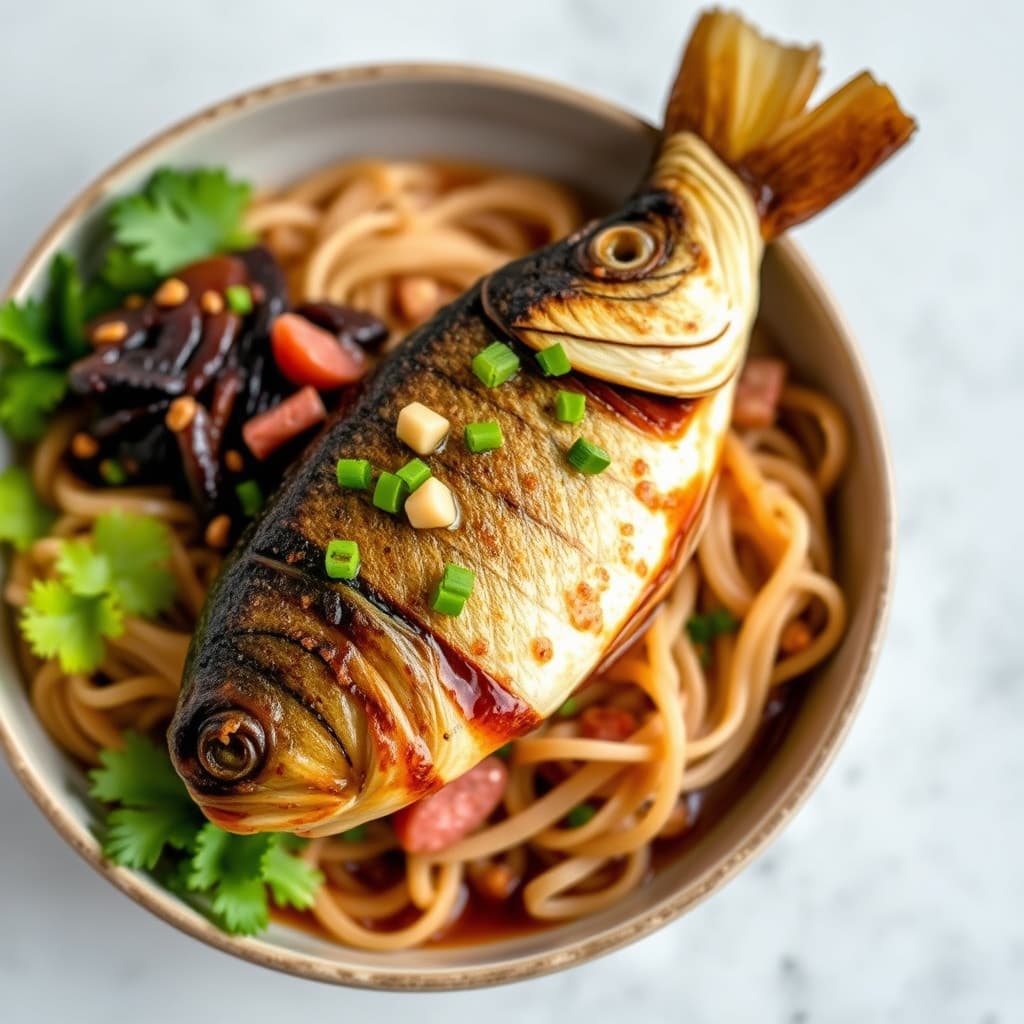 Dampet ørret med krydret svartbønnesaus og tre løk-bratwurst nudelkake