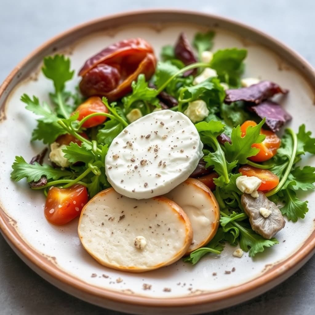 Dato, geitost og mesclun-salat