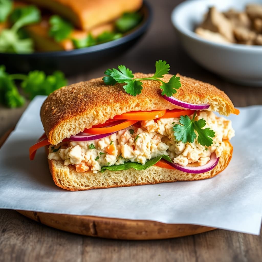 Dean & Deluca's tunfisk-sandwich med gulrøtter, rødløk og persille