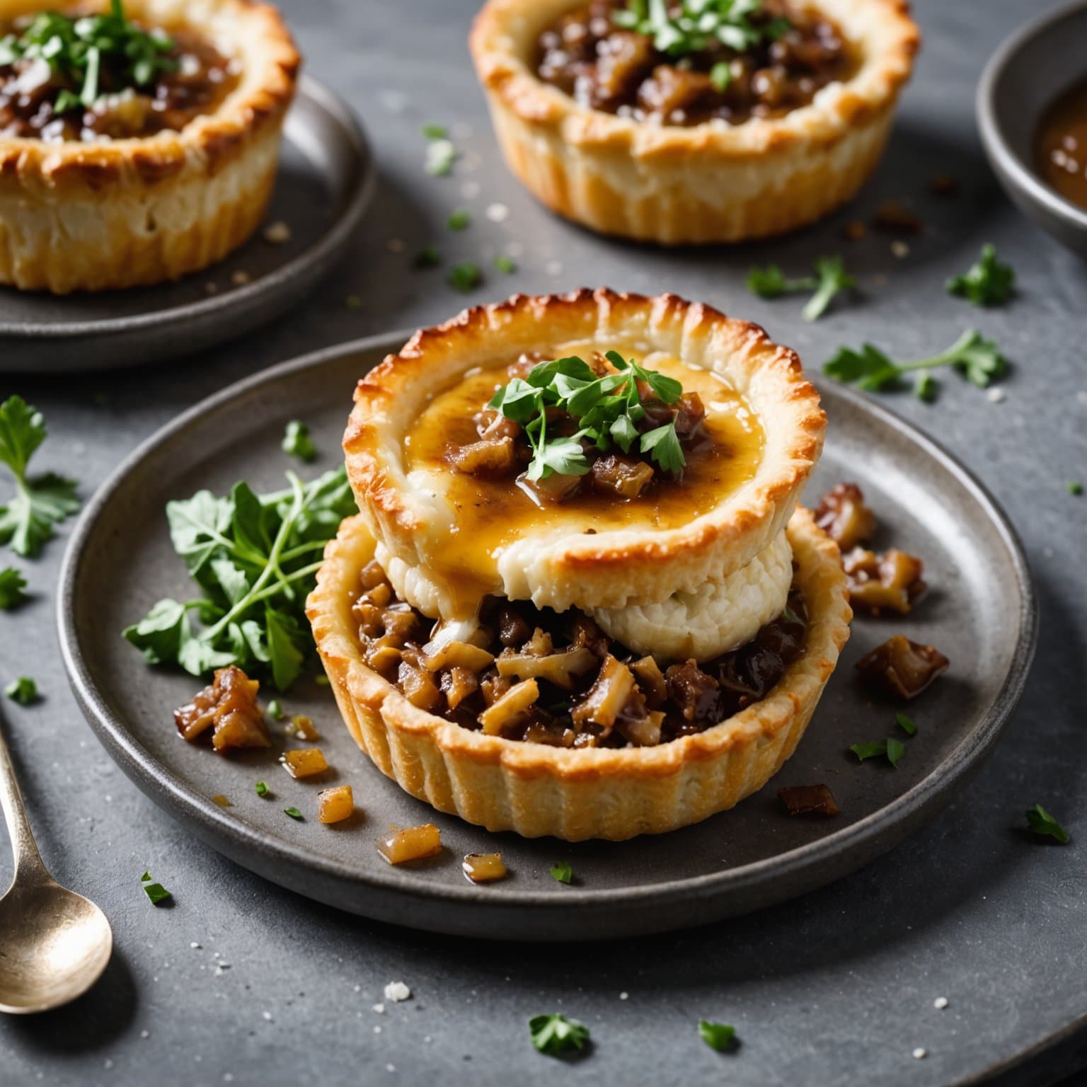 Dekonstruert fransk løksuppe-tartlet