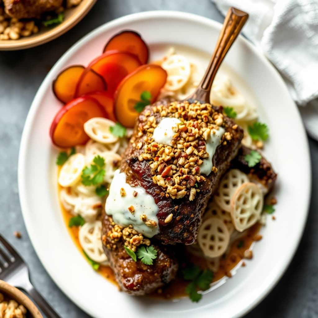 Delhi-inspirert yoghurtmarinert lam med nøttekrust