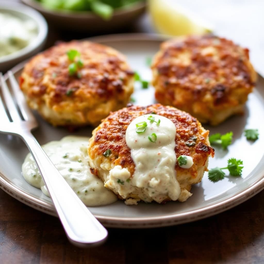 Delmarva krabbekaker med agurksalat-tartarsaus