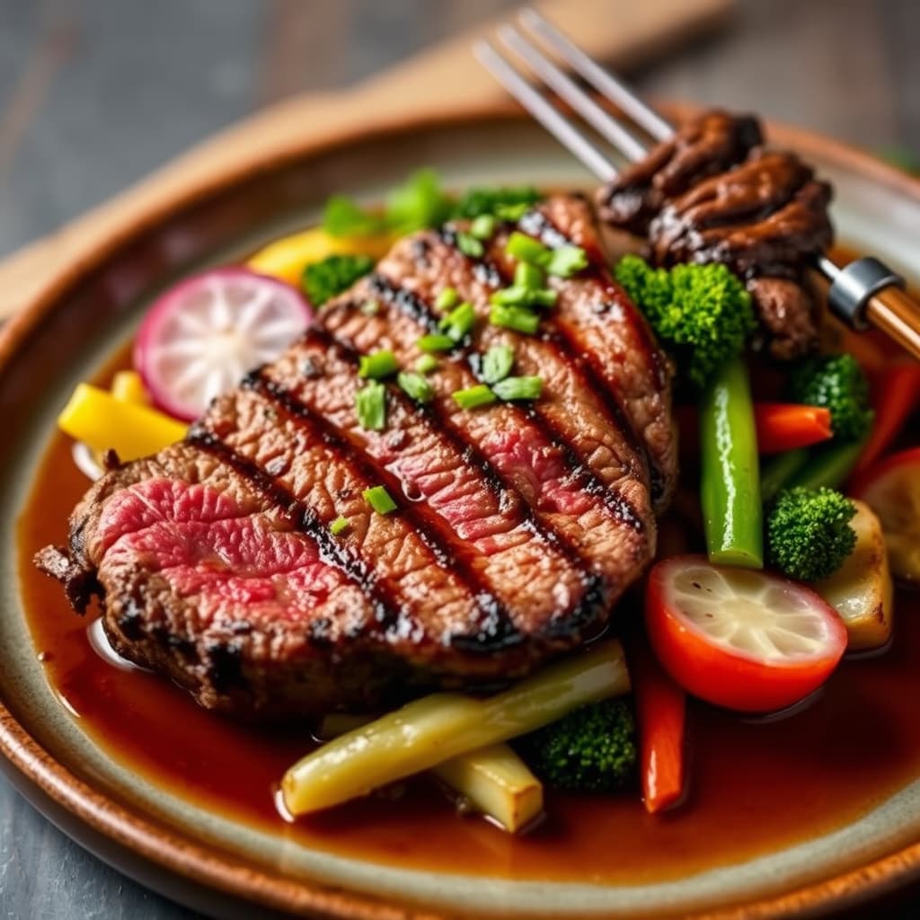 Den siste 'Stagon' (grillet flankstek) med ying-yang-grønnsaker