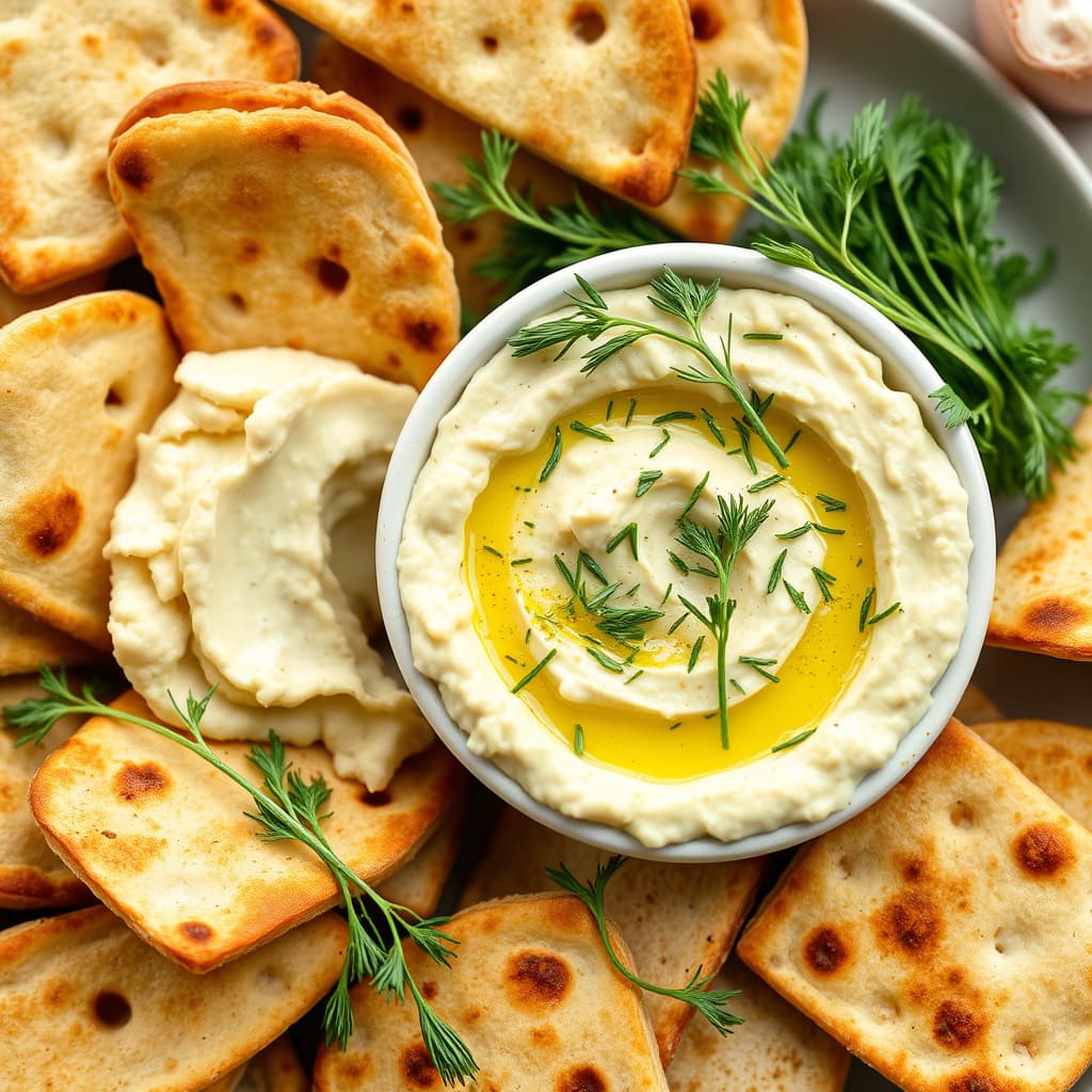 Dill-hummus og ristet pitabrød i båter