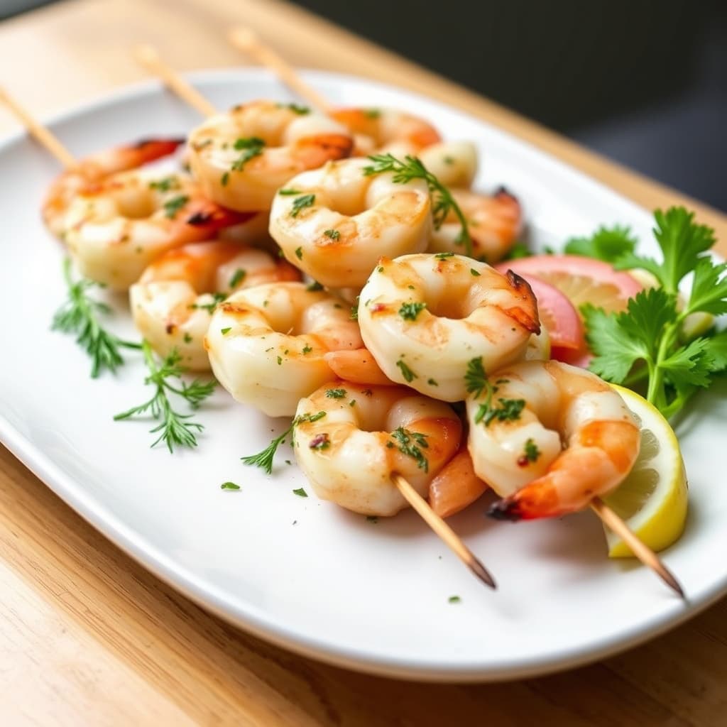 Dill- og hvitløksmarinerte reker på spyd
