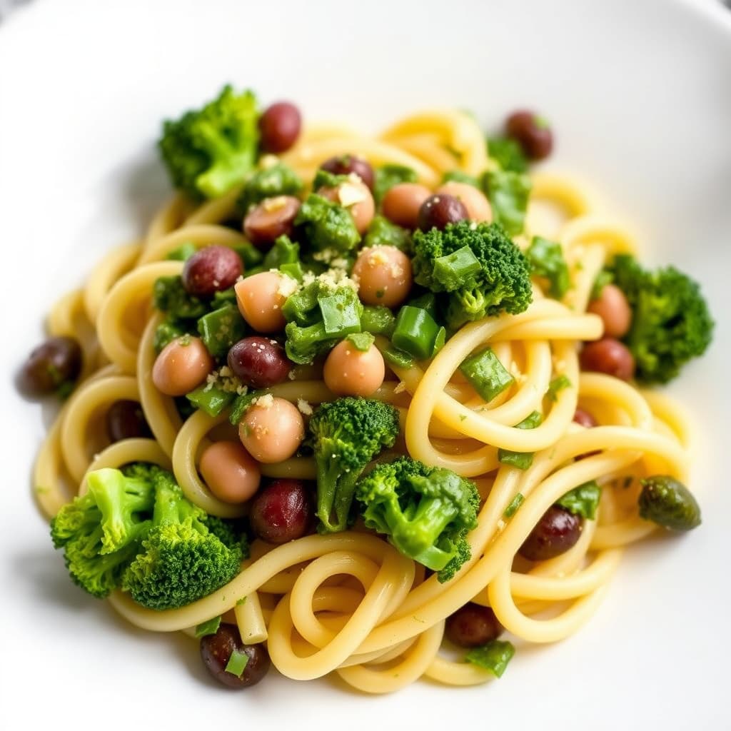 Ditalini med pesto, bønner og brokkoli rabe