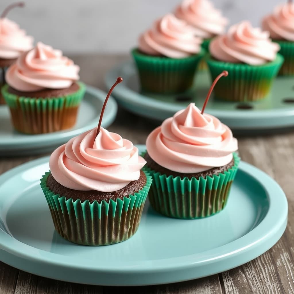 Dobbel sjokolade maltbutikkmuffins med kirsebær-vaniljebuttercream