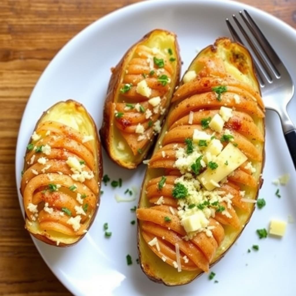 Dobbelbakte poteter med ovnsbakt hvitløk og cheddar
