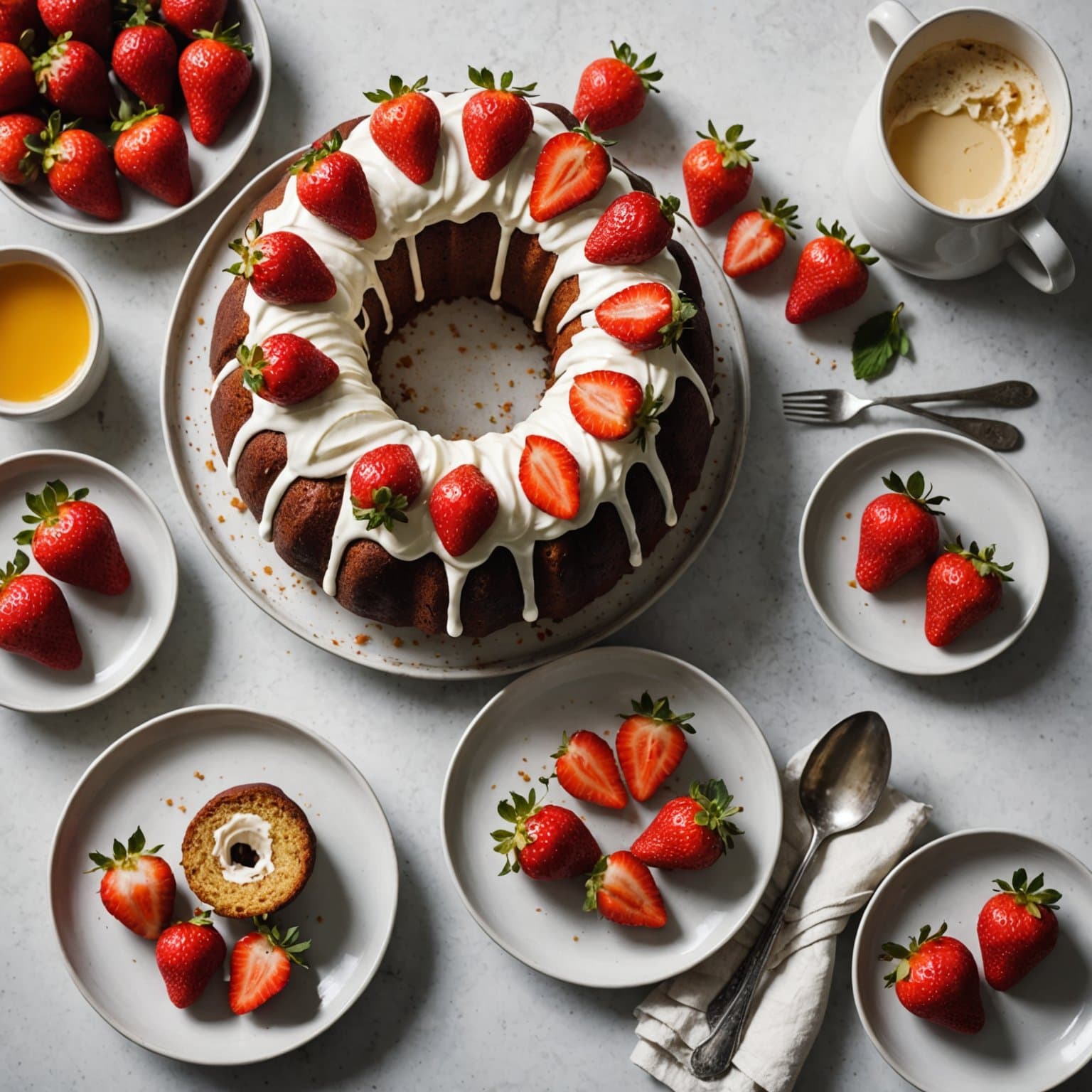 Dobbelt-ingefærrømme og bundt-kake med ingefærinfuserte jordbær