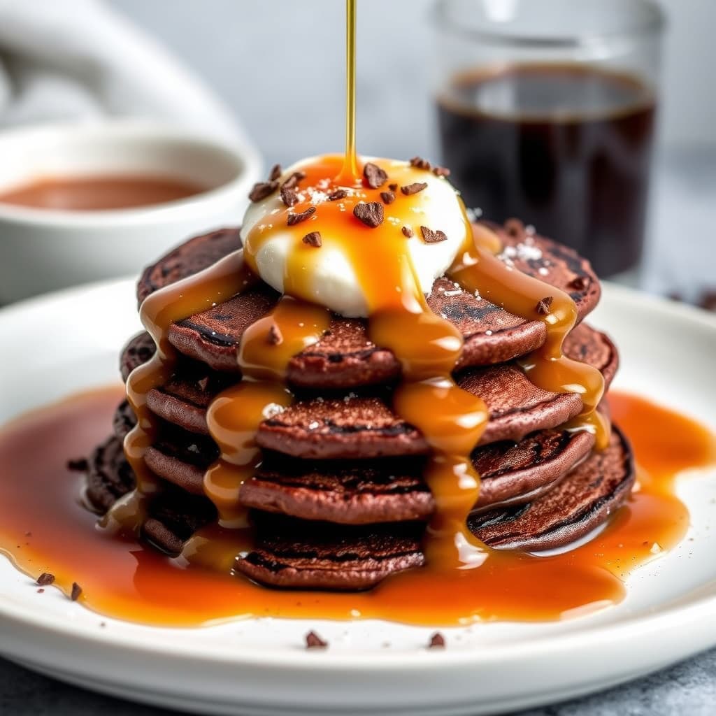 Dobbeltsjokoladepannekaker med salt karamellsaus