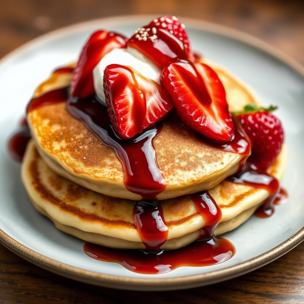 Doughnutpannekaker med jordbær- og kaffesaus