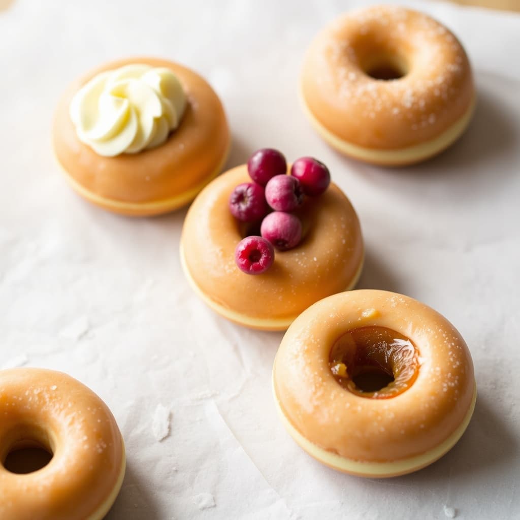 Doughnuts med tre fyll: sitronkrem, vill Maine-huckleberry og eple- og kvittenfyll.