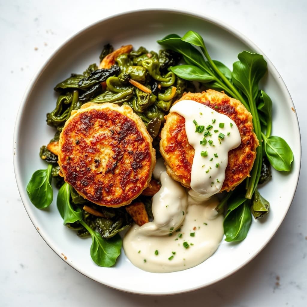 Down-South krabbekaker med collardgrønnsaker og ovnsbakt hvitløksbeurre blanc