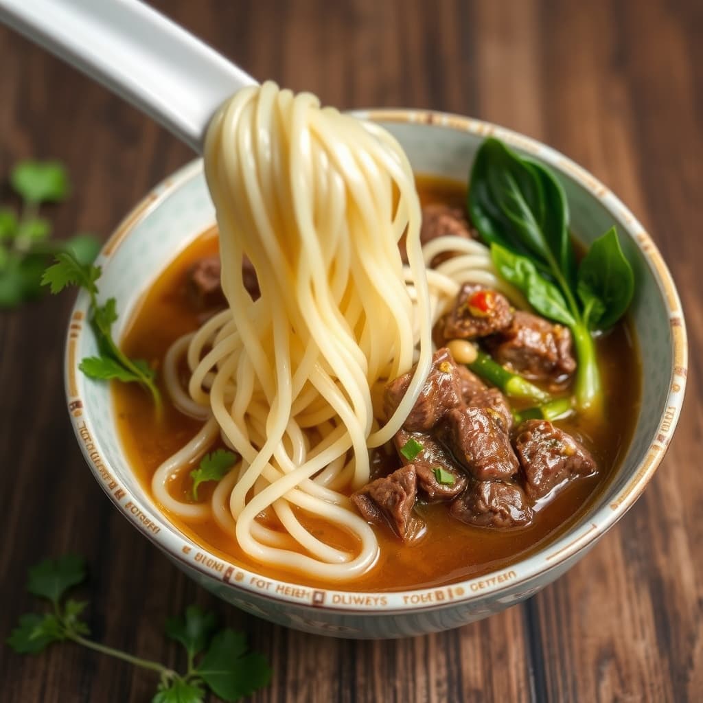 Dra opp nudler med storfekjøtt og bønnespirer i suppe