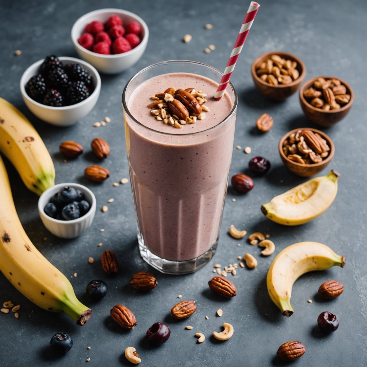 Drømmende cashewsmør-smoothie med banan, bær, dadler og linfrø