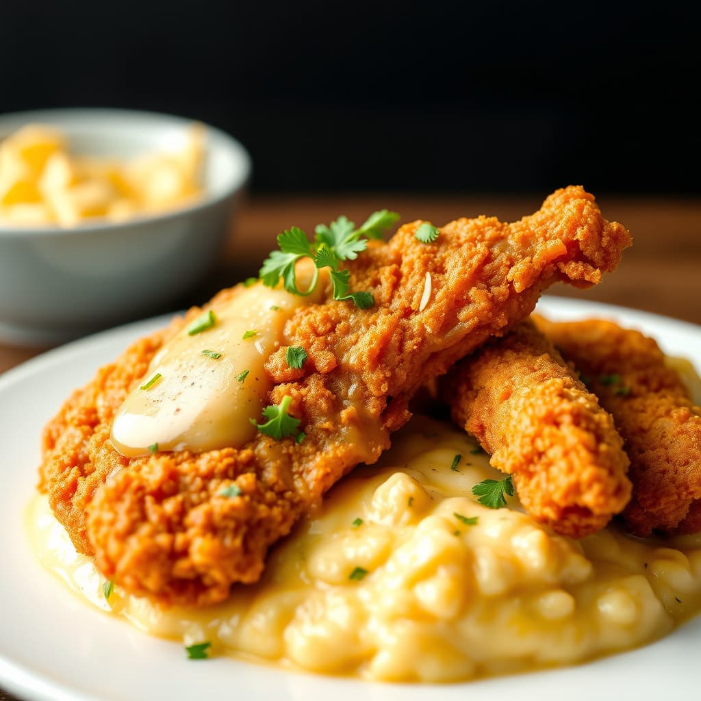 Dypstekt kylling med cheddarost-grøt