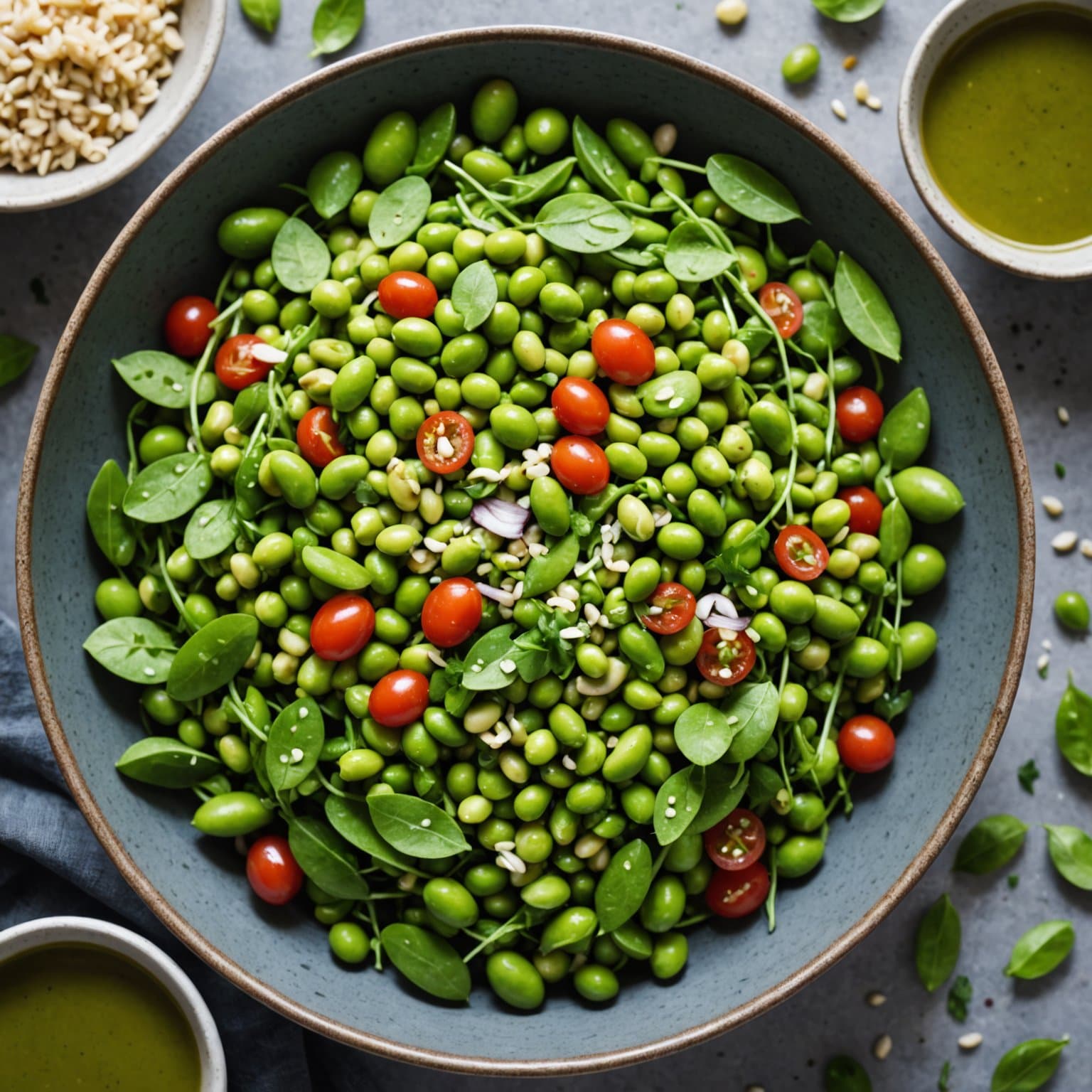 Edamamesalat med hjemmelaget hvitløk- og korianderdressing