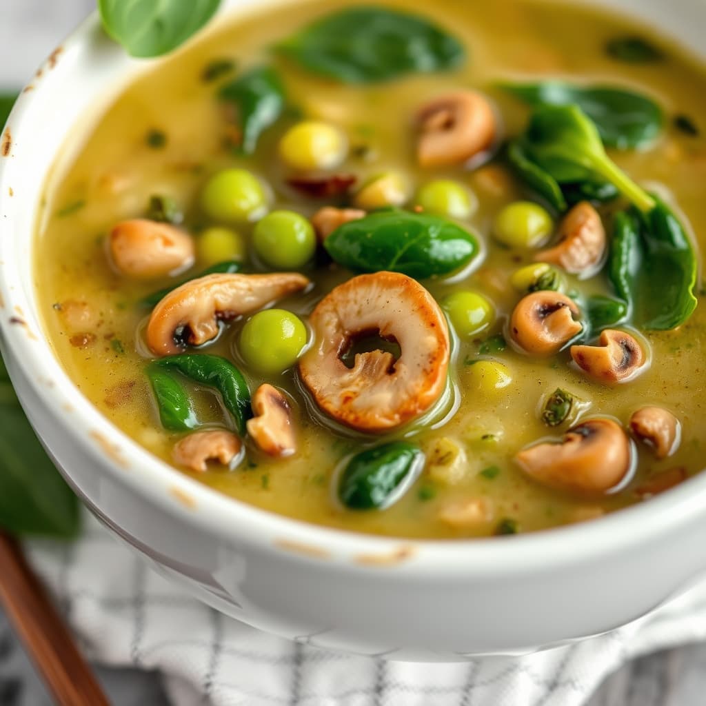 Edamamesuppe med sopp og spinat