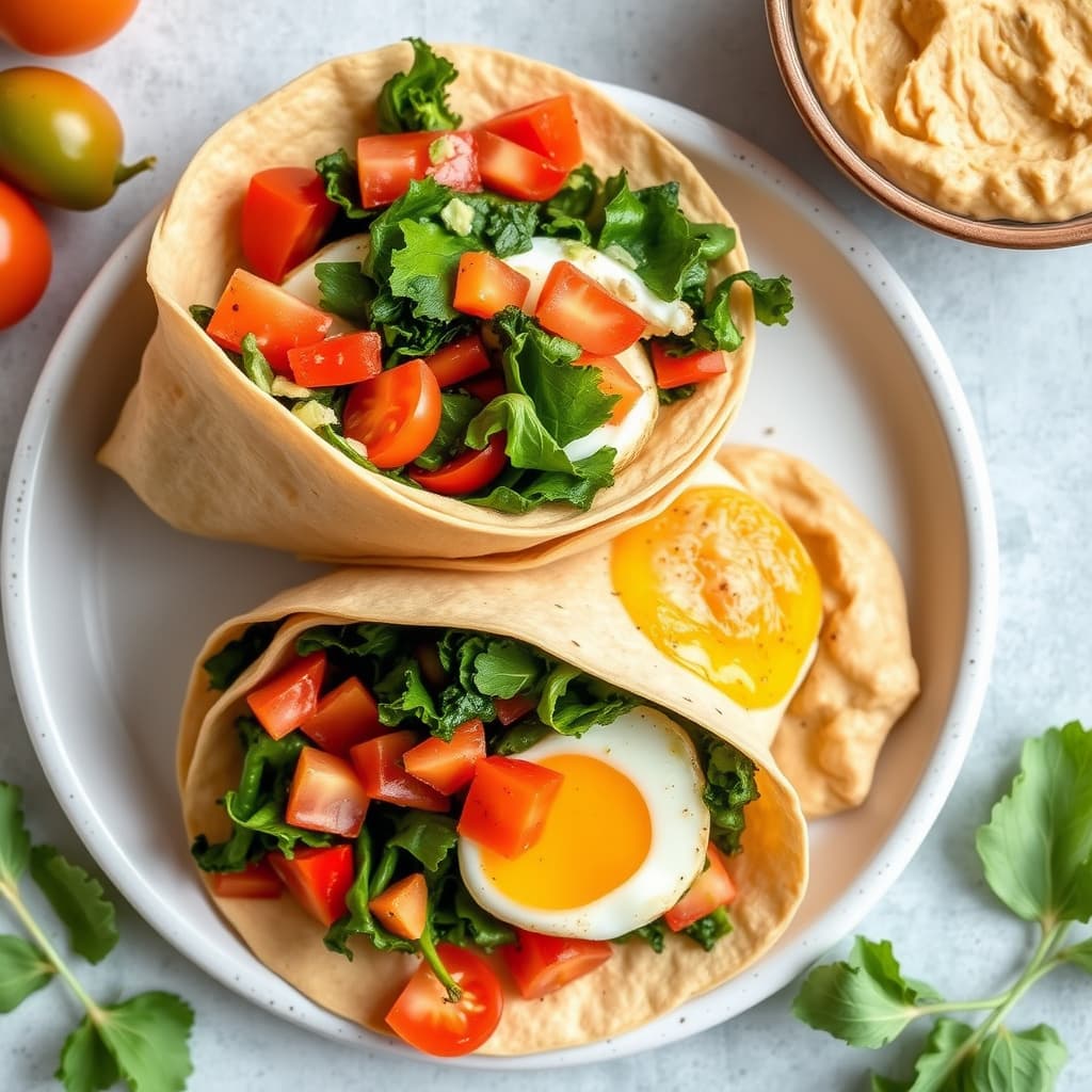 Egg, grønnkål og tomatfrokostwraps med hummus