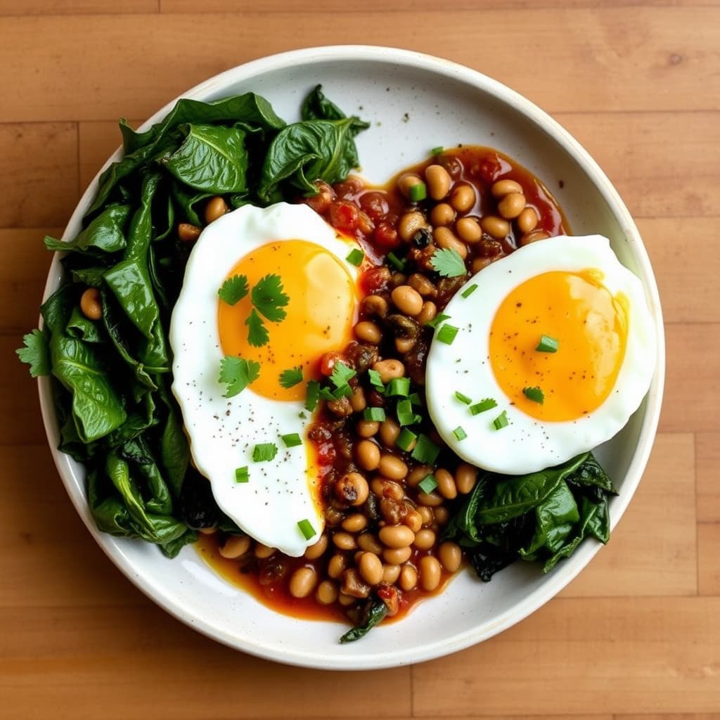 Egg i skinn med svartøyede erter og collard greens