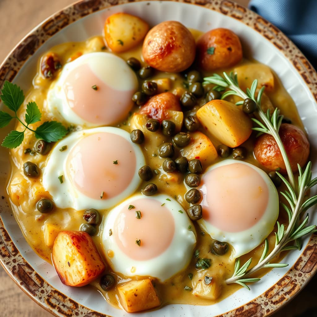 Egg i skjærsilden med artisjokkhjerter, poteter og kapers